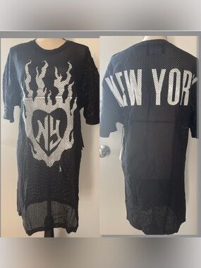 Spirit Jersey oversized Black Mesh cover up Dress with White Flame Heart Graphic
